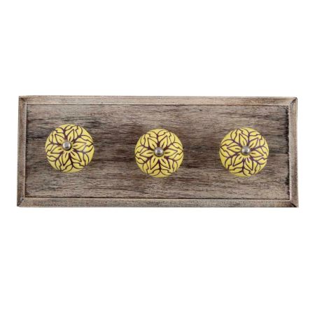 Brown Amarylis Floral Etched Ceramic Wooden Hooks